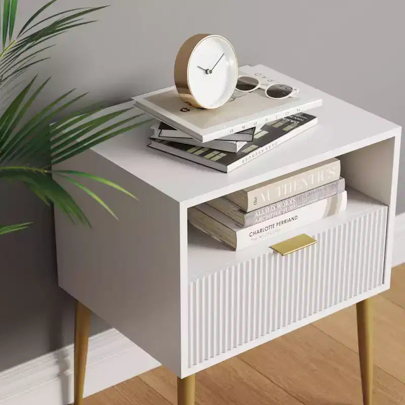 Nathan James Jacklyn Wood Fluted Nightstand with Drawer White: Modern Bedside Table, Laminate Surface