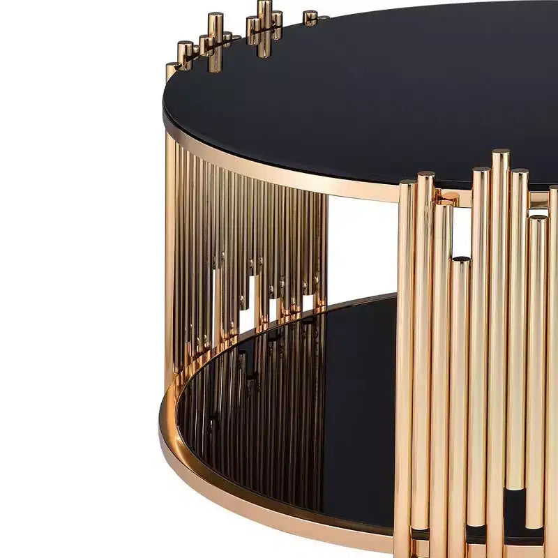 37" Tanquin Coffee Table Black Glass and Gold Finish - Acme Furniture: Round Pedestal, Tempered Glass, Open Shelf