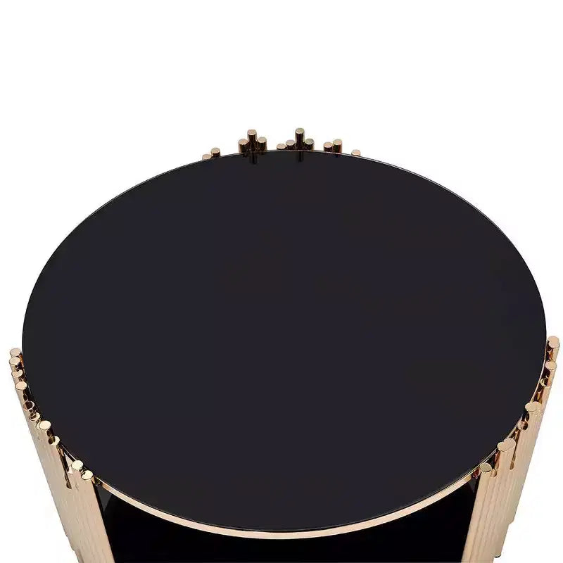 37" Tanquin Coffee Table Black Glass and Gold Finish - Acme Furniture: Round Pedestal, Tempered Glass, Open Shelf