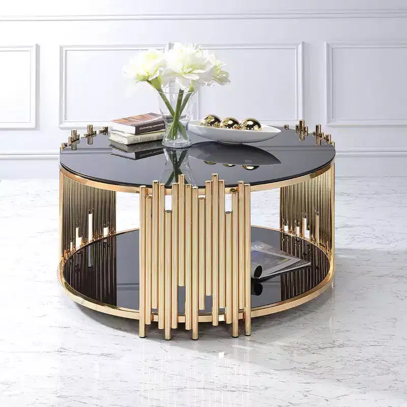 37" Tanquin Coffee Table Black Glass and Gold Finish - Acme Furniture: Round Pedestal, Tempered Glass, Open Shelf