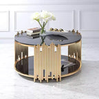 Tavolino da caffè Tanquin da 37" con ripiano in vetro nero e finitura oro - Acme Furniture: Base rotonda, Vetro temperato, Ripiano aperto