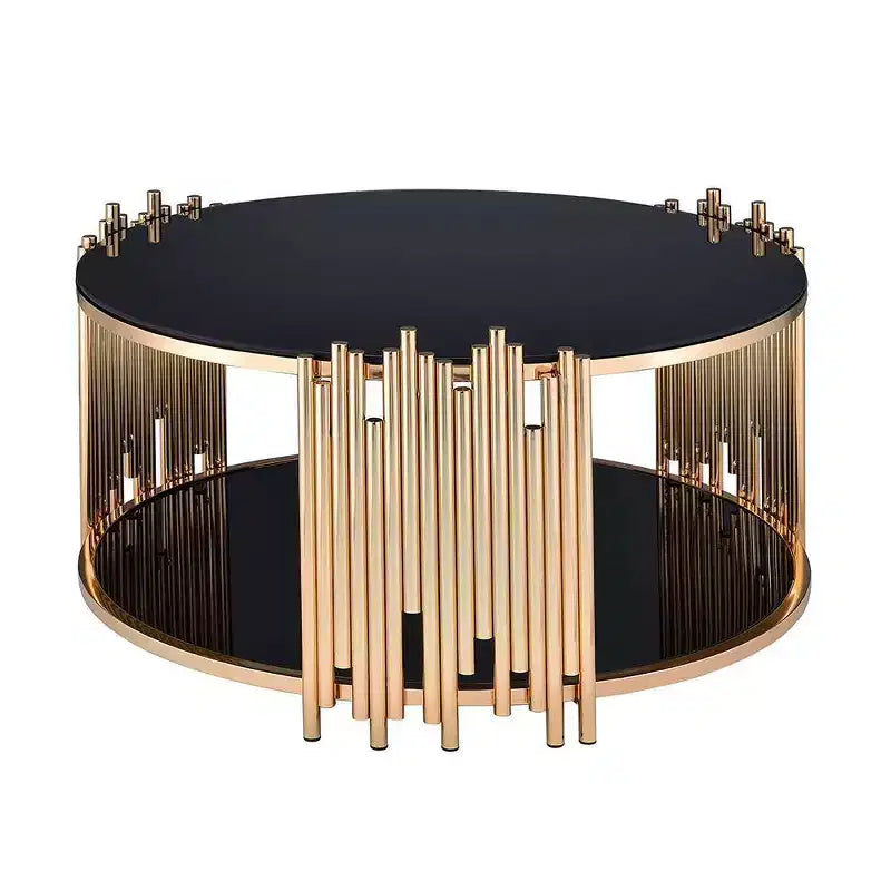 37" Tanquin Coffee Table Black Glass and Gold Finish - Acme Furniture: Round Pedestal, Tempered Glass, Open Shelf