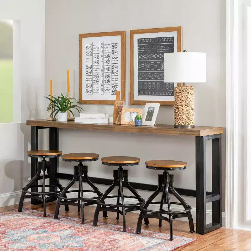 Tavolo da bar divano Tormo Hand Distressed Nero/Finitura noce medio/Bianco - Powell: Consolle industriale moderna con struttura in metallo