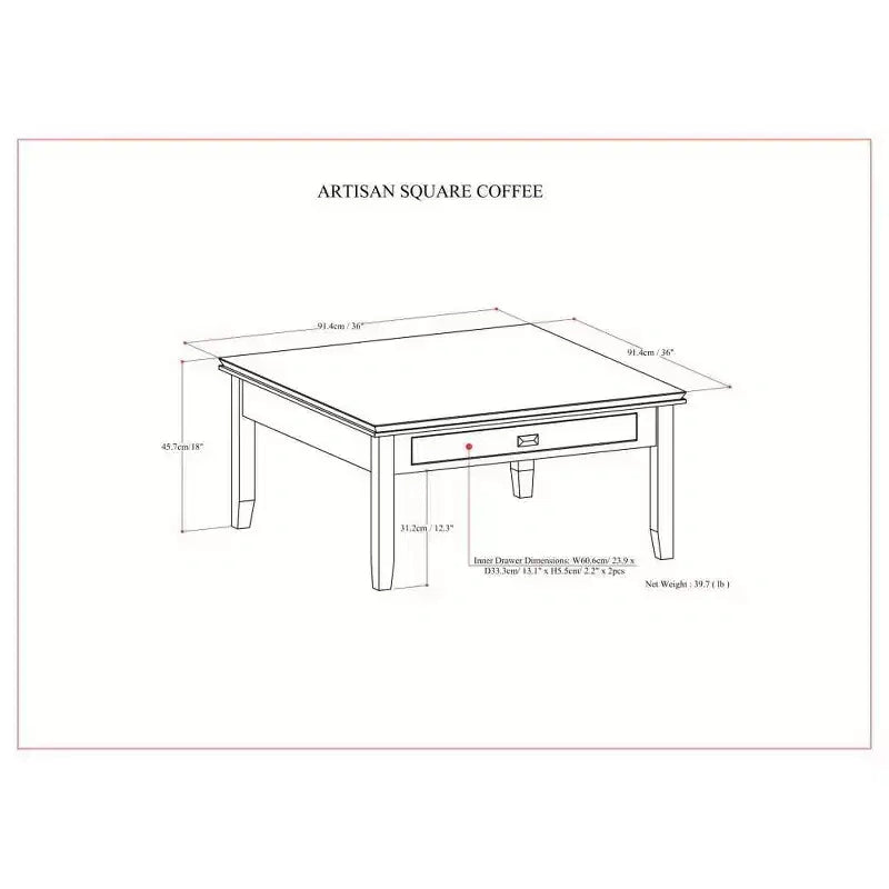 Tavolino da salotto quadrato marrone rossiccio - : Composito di legno transizionale, cassetti contenitori, 36" quadrato