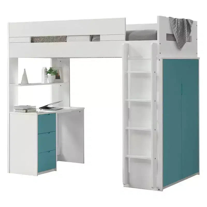 Acme Furniture 78"Loft Bed Nerice Loft and Bunk Bed White & Teal: Twin Over Twin, Wood Frame, No Tools Assembly