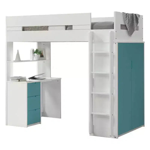 Acme Furniture 78" Letto a soppalco Nerice Letto a soppalco e a castello Bianco e verde acqua: Un letto singolo sopra l'altro, struttura in legno, montaggio senza attrezzi