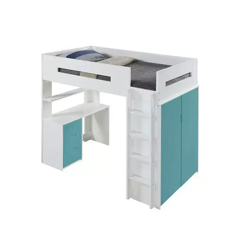 Acme Furniture 78" Letto a soppalco Nerice Letto a soppalco e a castello Bianco e verde acqua: Un letto singolo sopra l'altro, struttura in legno, montaggio senza attrezzi