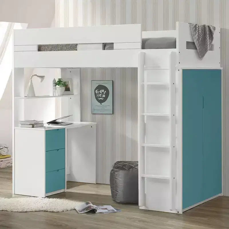 Acme Furniture 78" Letto a soppalco Nerice Letto a soppalco e a castello Bianco e verde acqua: Un letto singolo sopra l'altro, struttura in legno, montaggio senza attrezzi