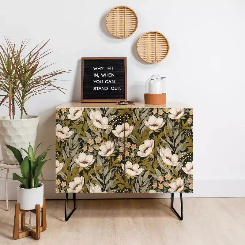 Avenie Floral Meadow Spring Green Credenza - Deny Designs
