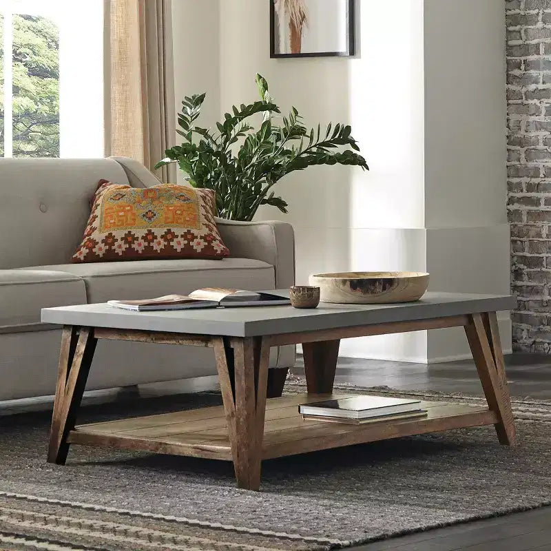 Coffee Table Concrete Coated Top and Wood Light