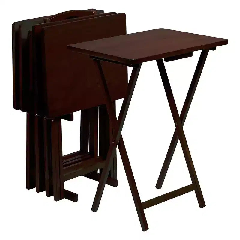 PJ Wood Solid Wood Construction Rectangle Folding Portable TV Snack Serving Tray Table with Compact Storage Rack, Espresso Brown (Set of 7)