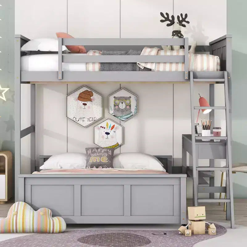 Full Over Full/ Twin Over Full Wood Bunk Bed with Desk and Ladder-ModernLuxe