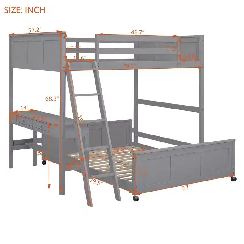 Full Over Full/ Twin Over Full Wood Bunk Bed with Desk and Ladder-ModernLuxe