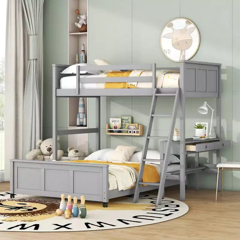 Full Over Full/ Twin Over Full Wood Bunk Bed with Desk and Ladder-ModernLuxe