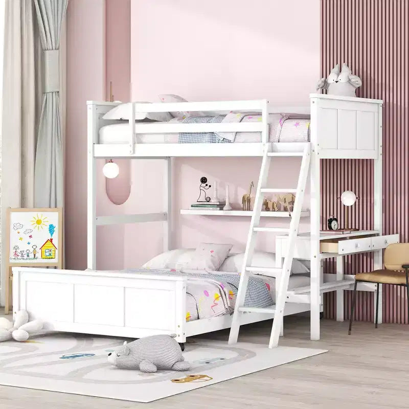 Full Over Full/ Twin Over Full Wood Bunk Bed with Desk and Ladder-ModernLuxe