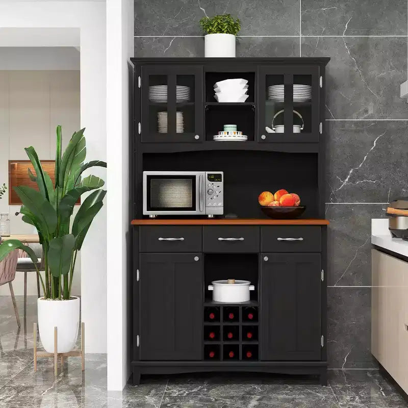 Costway Buffet And Hutch Kitchen Storage Cabinet Cupboard w/ Wine Rack & Drawers Black