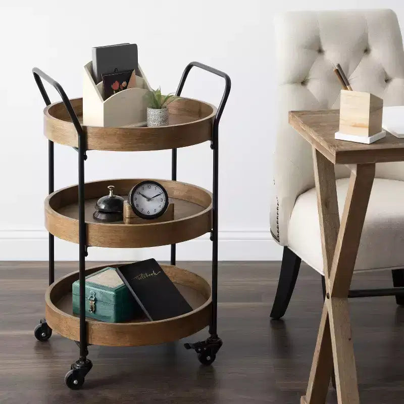 Kate and Laurel Lloyd Round Metal Bar Cart, 18x18x31.5, Rustic Brown and Black