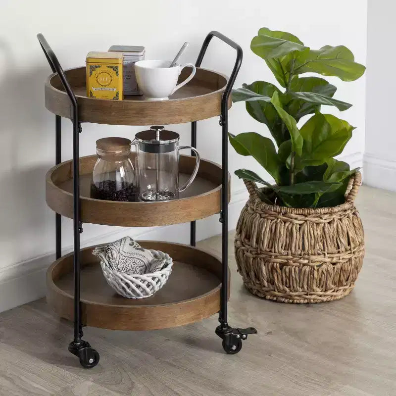 Carrello bar tondo in metallo Lloyd, 18x18x31.5, Marrone rustico e Nero