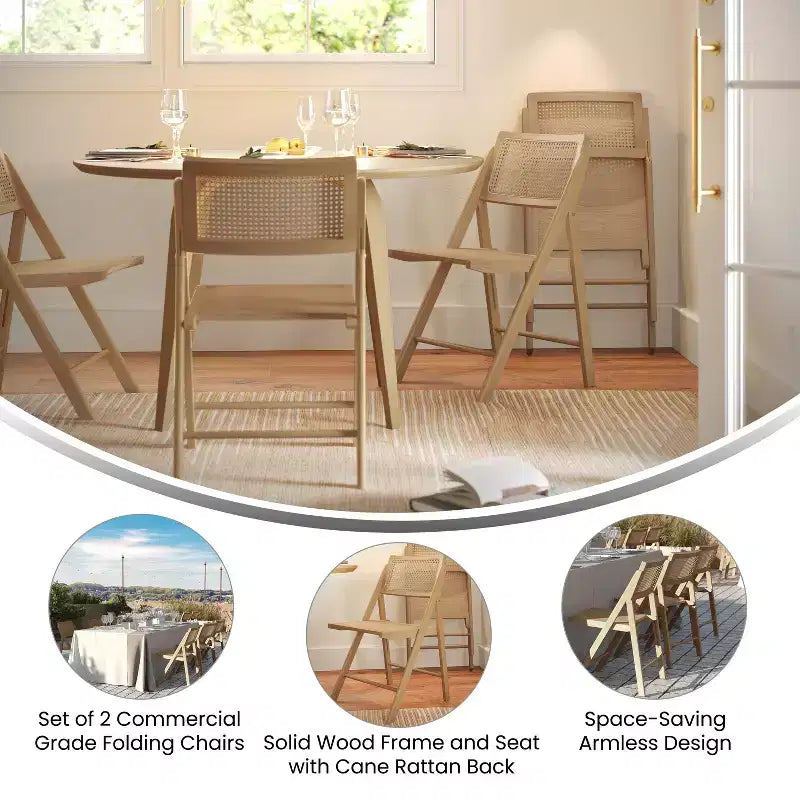Set di 2 sedie pieghevoli in canna rattan con telaio e seduta in legno massello e schienale in rattan intrecciato traspirante