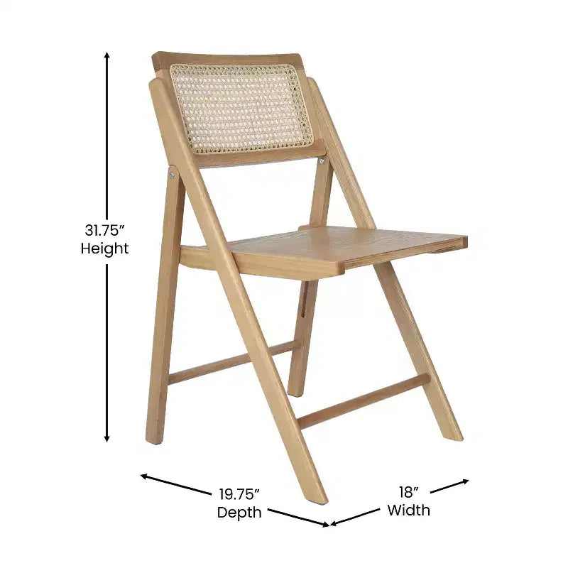 Set di 2 sedie pieghevoli in canna rattan con telaio e seduta in legno massello e schienale in rattan intrecciato traspirante