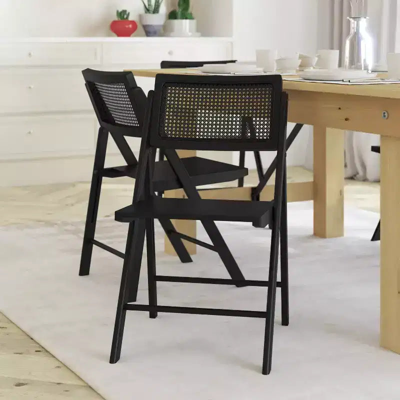 Set di 2 sedie pieghevoli in canna rattan con telaio e seduta in legno massello e schienale in rattan intrecciato traspirante