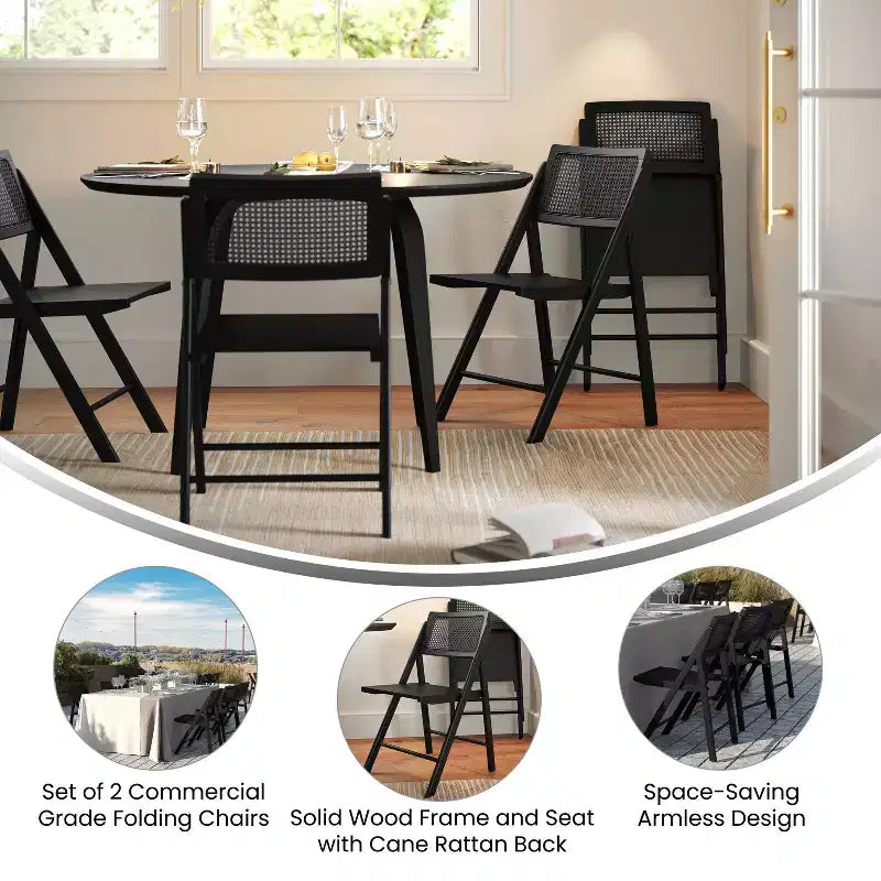 Set di 2 sedie pieghevoli in canna rattan con telaio e seduta in legno massello e schienale in rattan intrecciato traspirante