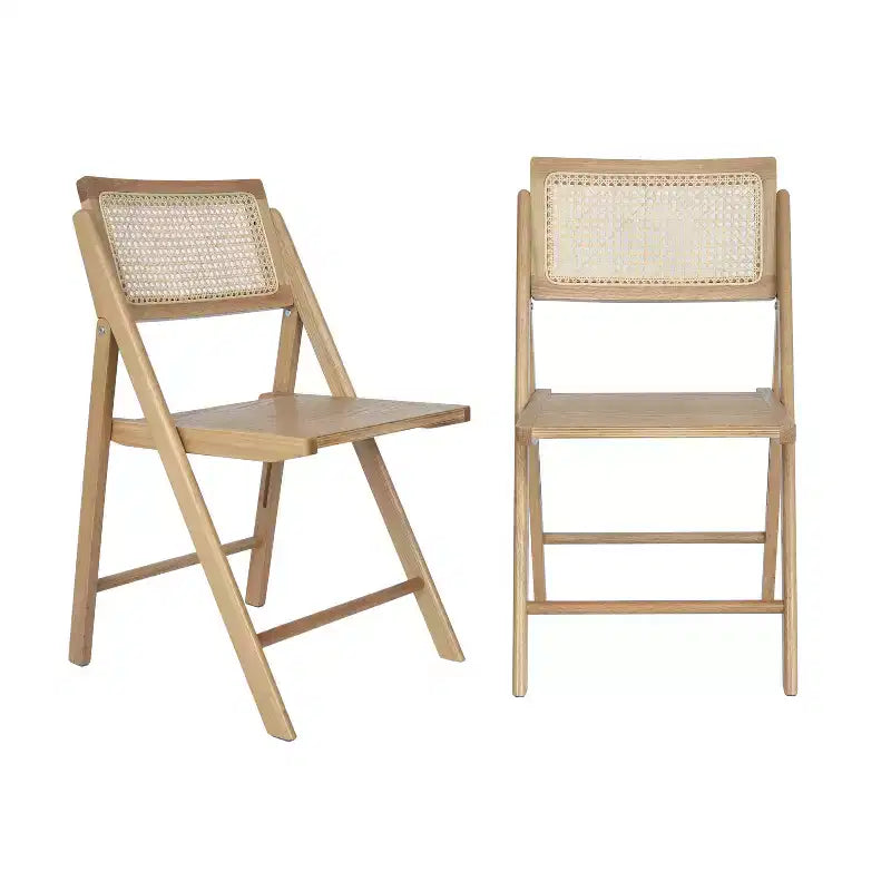 Emma and Oliver Set of 2 Cane Rattan Folding Chairs with Solid Wood Frames and Seats and Breathable Woven Rattan Backrest