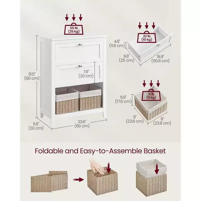 VASAGLE Cabinet, Storage Cabinet and Organizers, 2 Drawers with 1 Adjustable Divider, 2 Baskets, Sideboard, Cloud White