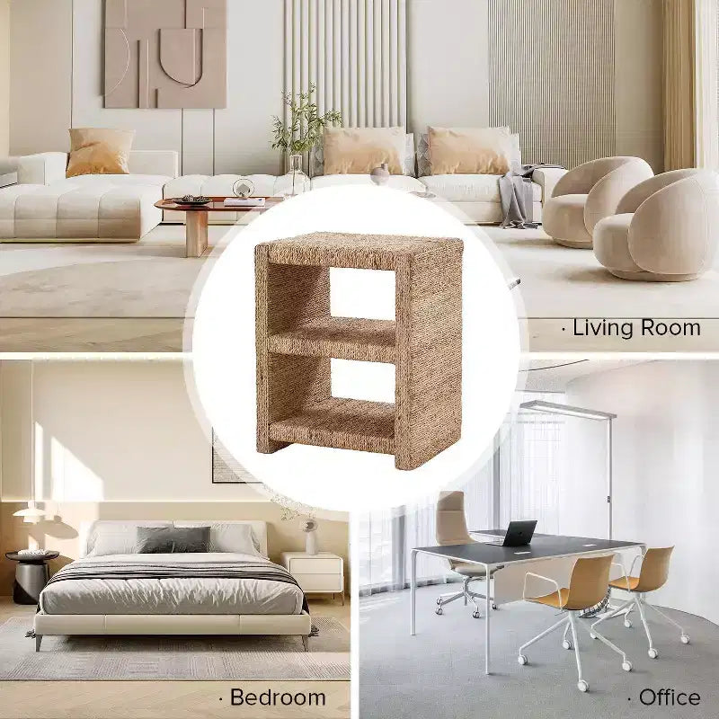 Heinrich 24 Tavolino laterale in corda d'erba stile costiero con due ripiani aperti|ART OF LIVING DESIGNS-NATURAL